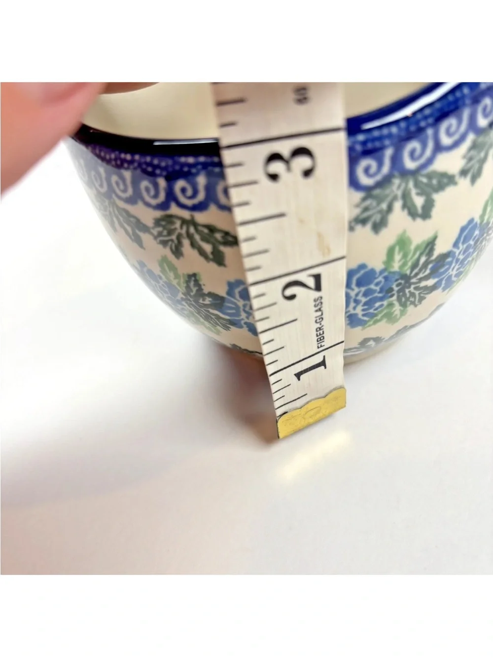 Polish Pottery Soup Bowl Loop Handle Cobalt Blue Green Floral Leaf Boleslawiec